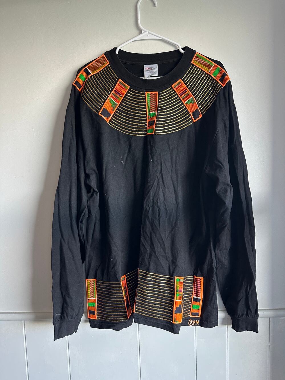 Vintage 90s Hanes Beefy T African Kente Pattern Graphic Shirt Men XL Black Gold